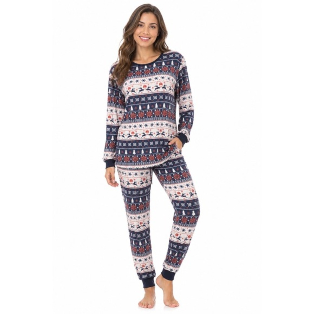 Hawiton Women 2XL Christmas PJ Set Navy Blue Fair Isle Reindeer Snowflake 88-65‎